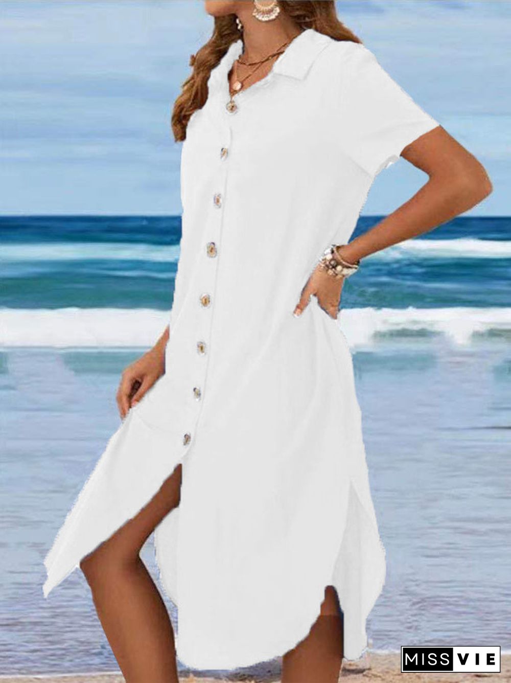 Women's Short Sleeve V-neck Buttons Midi Dress