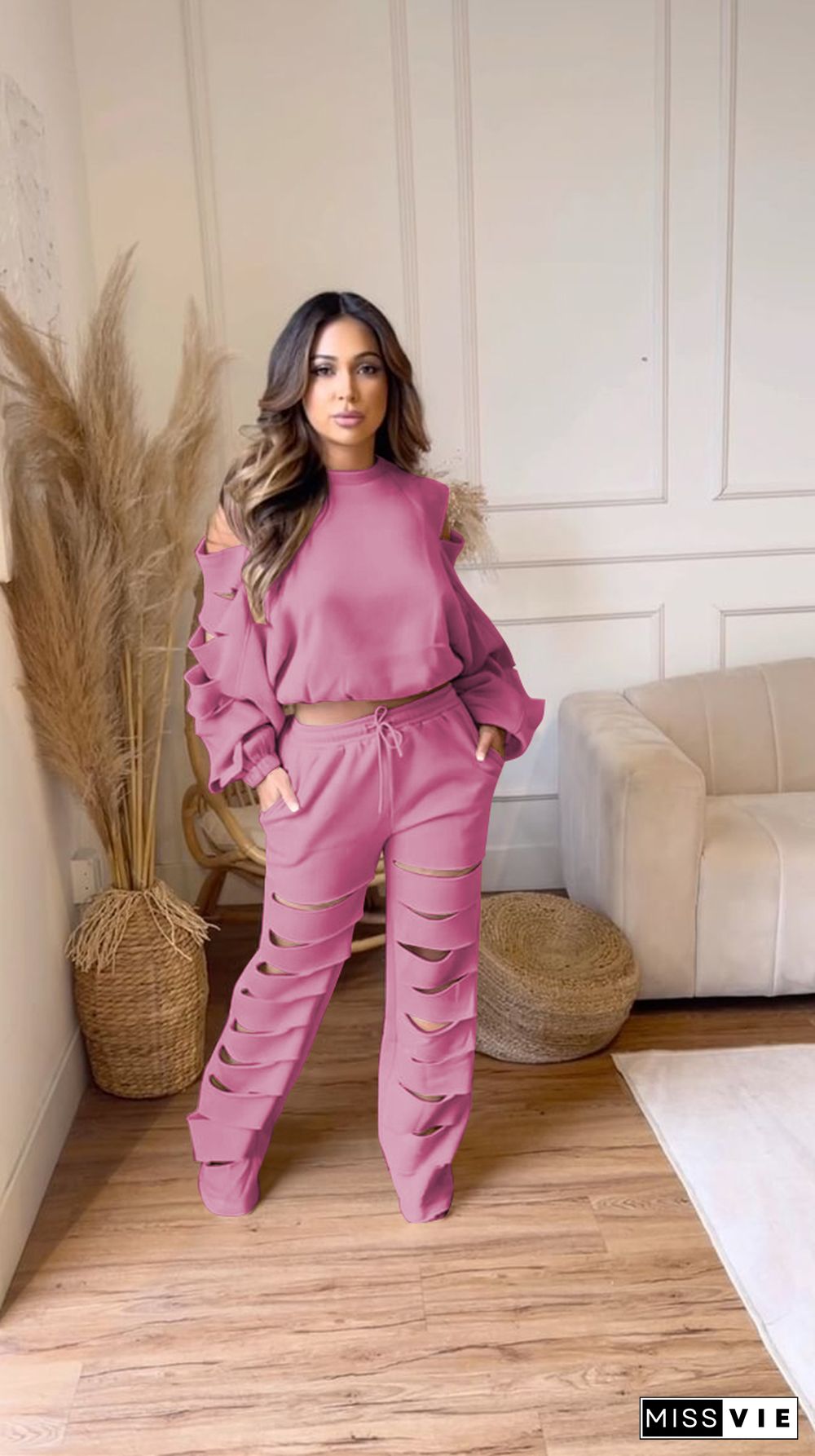 Cut Out Holes Long Sleeve T-shirt and Pants Outfits