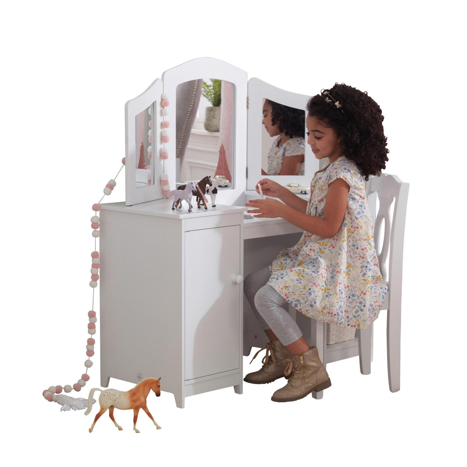 KidKraft Wooden Deluxe Vanity and Chair with Triple Mirror and Shelves White  Crowdfused