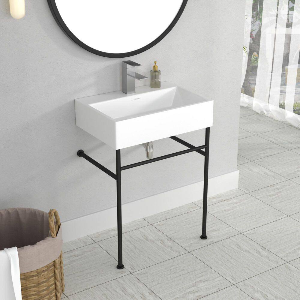 Logmey 24 in. Ceramic White Single Bowl Console Sink Basin and Legs Combo with Overflow and Black Metal Leg LMZJP24B17