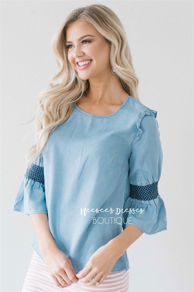 Light Blue Chambray Bell Sleeve Top