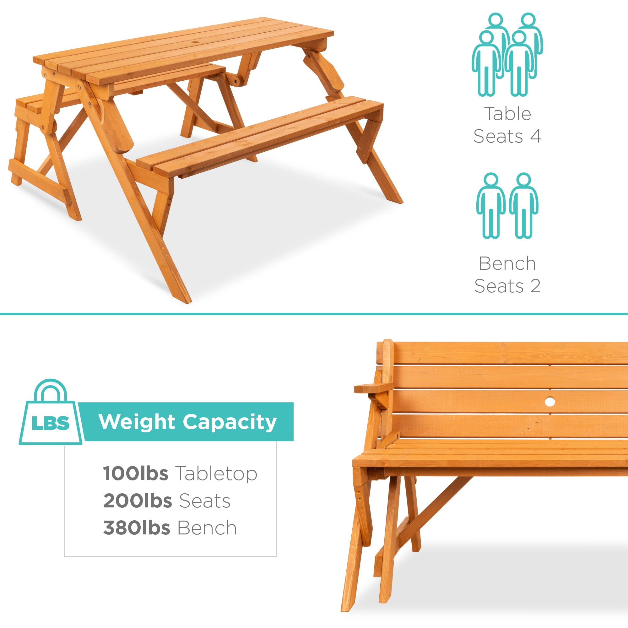 Best Choice Products 2-in-1 Outdoor Interchangeable Wooden Picnic Table/Garden Bench for w/ Umbrella Hole - Natural