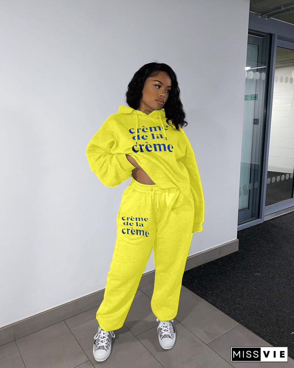 Solid Color Letter Printing Loose Pullover Sweatshirt Sweatpants Suit