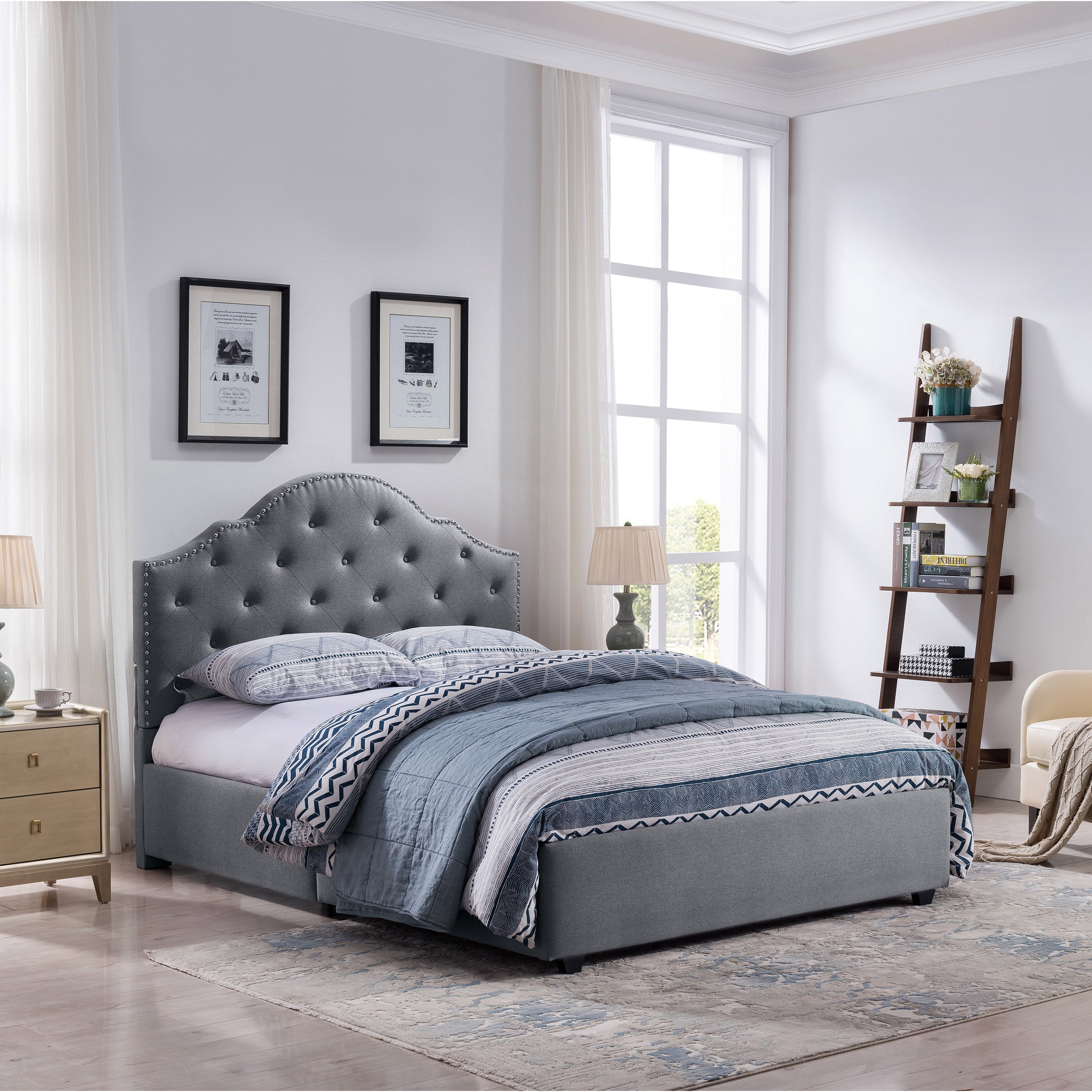 Gentry Contemporary Button-Tufted Camelback Queen Bed Frame with Nailhead Trim