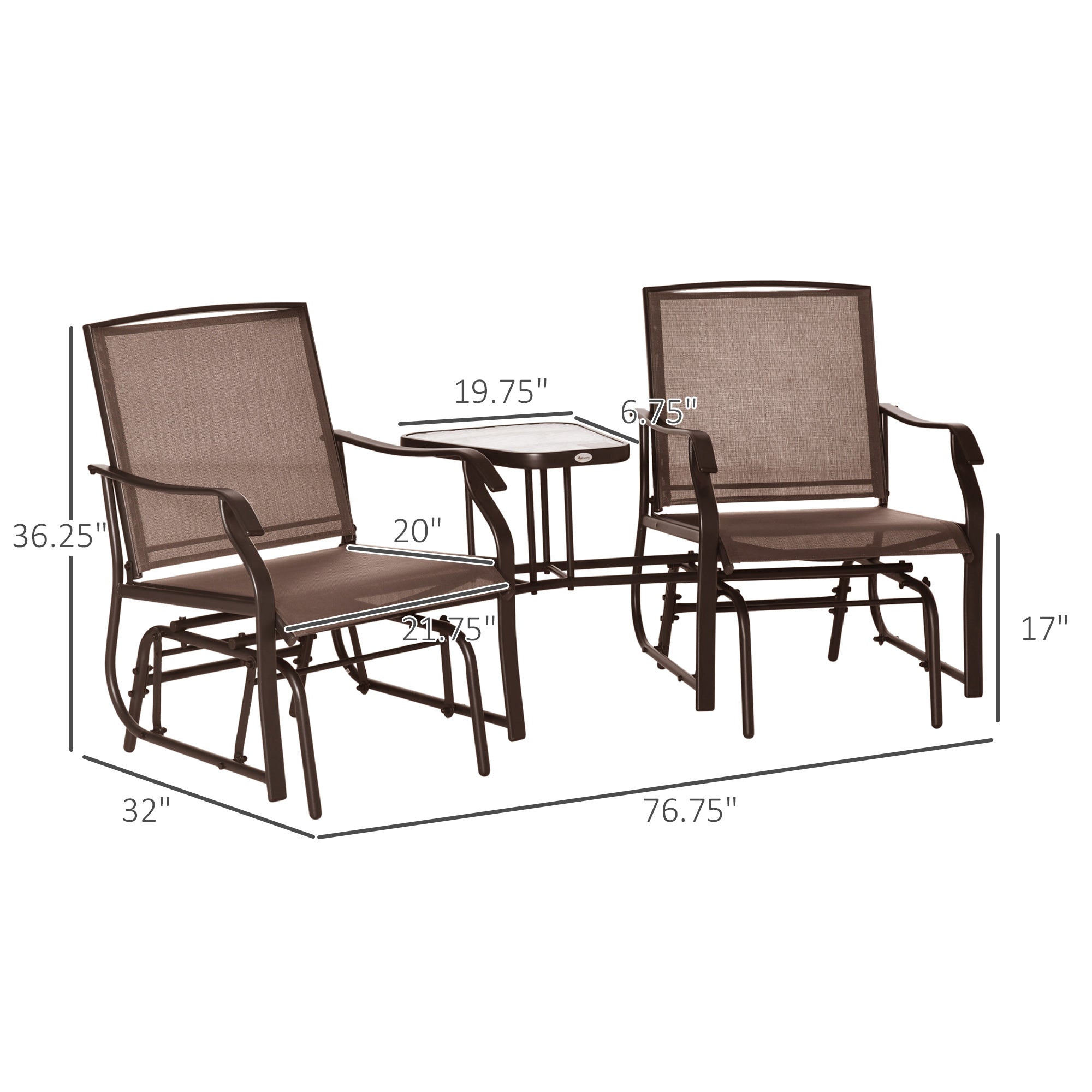 Outsunny Outdoor Glider Chairs with Coffee Table 2-Seat Chair Swing Loveseat with Sling Coffee Brown