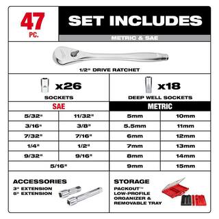 MW 12 in. Drive SAEMetric Ratchet and Socket Mechanics Tool Set with PACKOUT Case (47-Piece) 48-22-9487