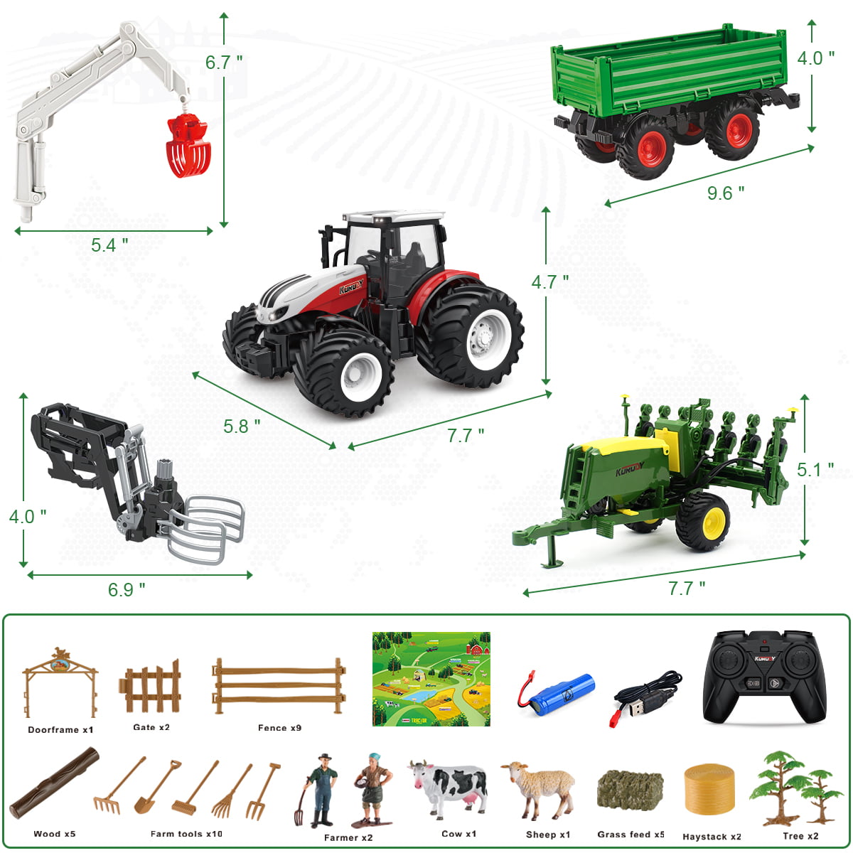 Fisca 4 in 1 Remote Control Farm Planter Tractor Set Toys with 4 Changeable Function Parts and DIY Ranch for Kids 3+