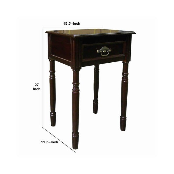 Square Shaped End Table with Turned Tapered Legs and 1 Drawer， Cherry Brown