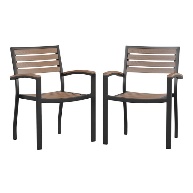 Emma And Oliver Set Of 2 Stackable All weather Black Aluminum Patio Chairs With Faux Teak Slats