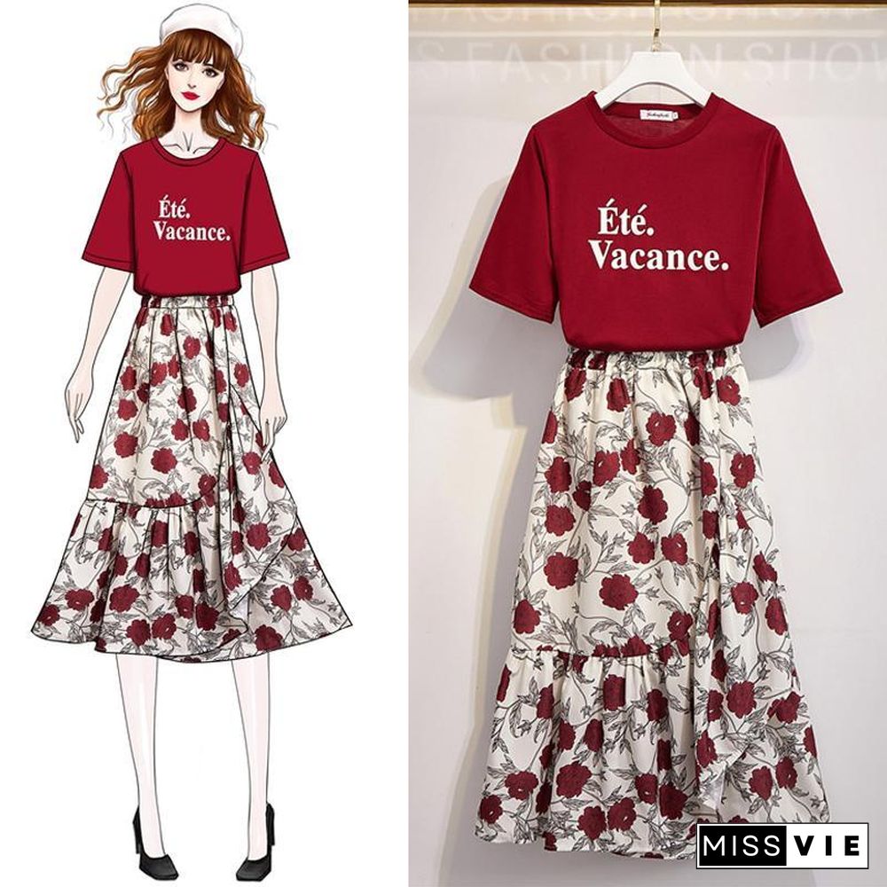 Elegant Letter Tee+Floral Skirt P11380