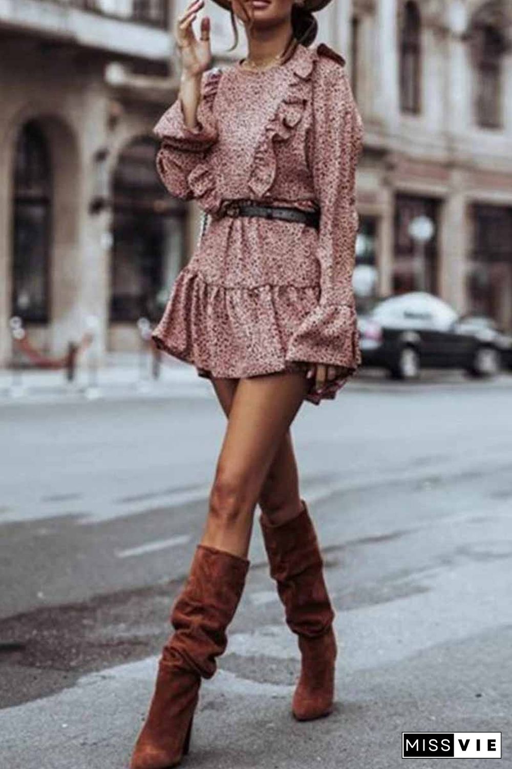 Ruffle Print Long Sleeves Mini Dress