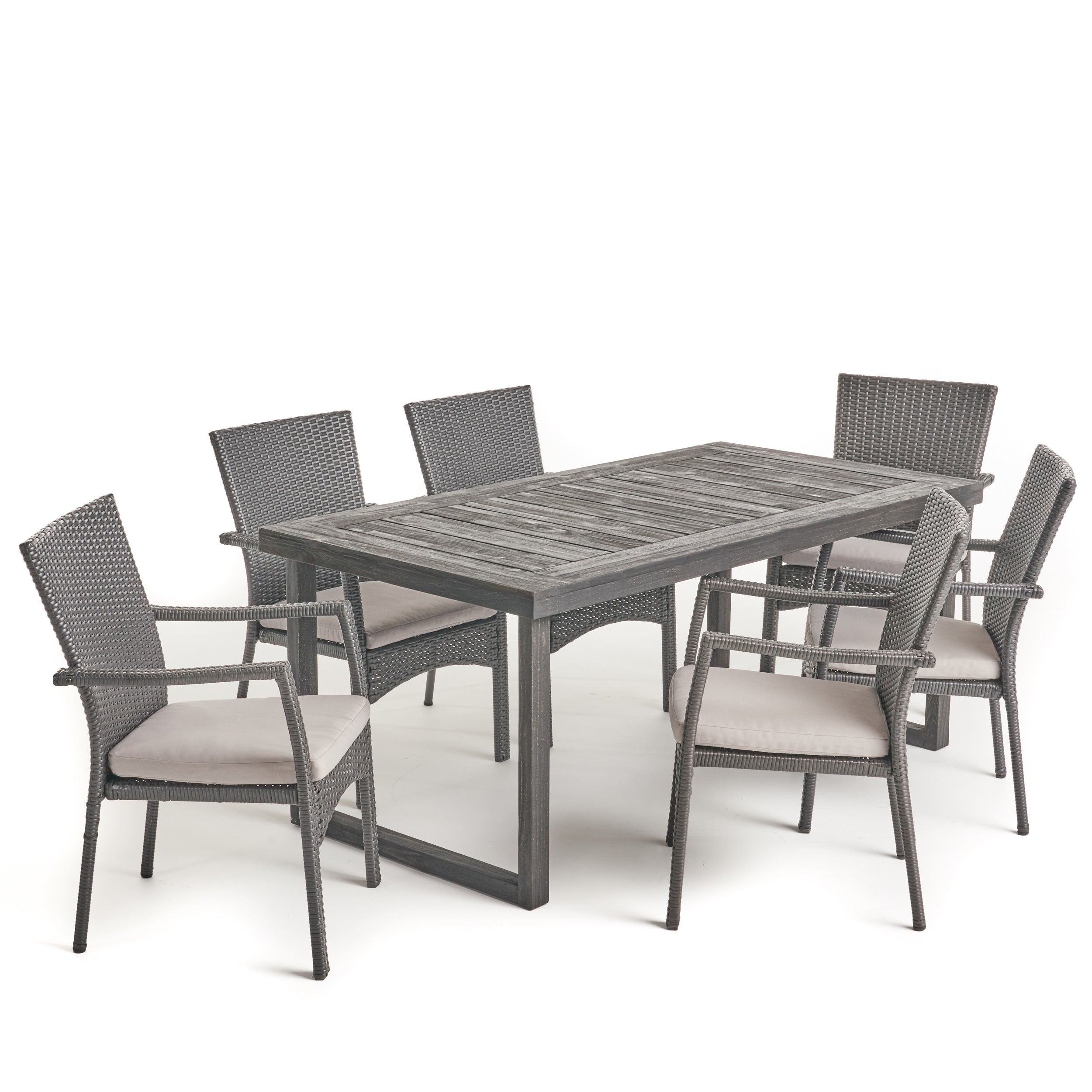 Dawn Outdoor 6-Seater Acacia Wood Dining Set with Wicker Chairs, Sandblast Dark Gray Finish and Gray