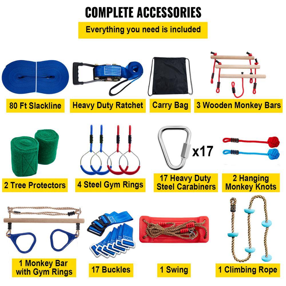 VEVOR Warrior Obstacle Course 80 ft. Slacker Zip Line Obstacle Course Climbing Rope for Kids Outdoor YDSS80FT250LB034XV0