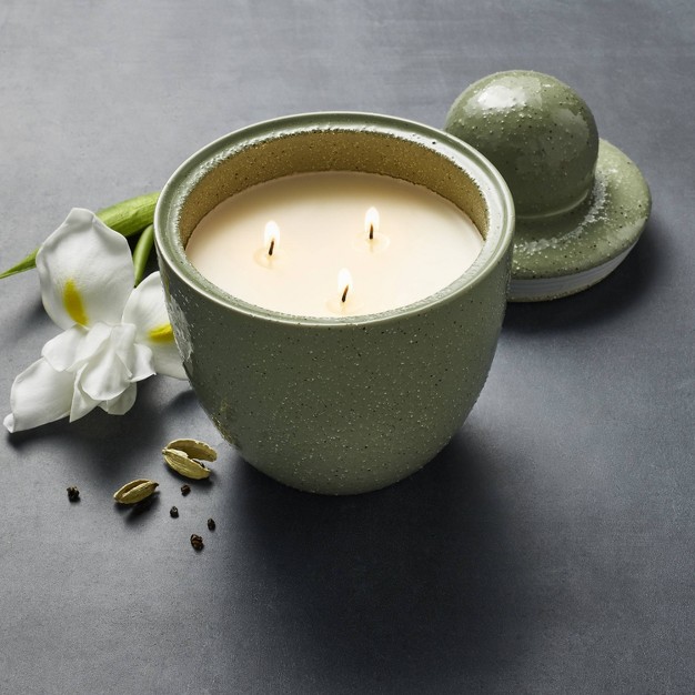 3 wick 18oz Ceramic Green Flame Candle With Knob Lid Designed With Studio Mcgee