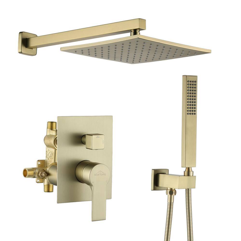 Boyel Living 1-Spray Patterns with 2.66 GPM 10 in. Wall Mount Dual Shower Heads with Rough-In Valve Body and Trim in Brushed Gold SMD-88001BG