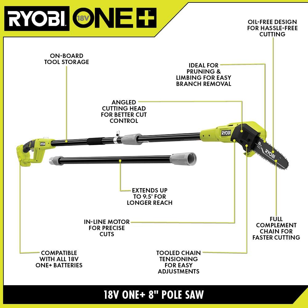 RYOBI ONE+ 18V 8 in. Cordless Battery Pole Saw and 8 in. Pruning Saw Combo Kit with 2.0 Ah Battery and Charger P20310