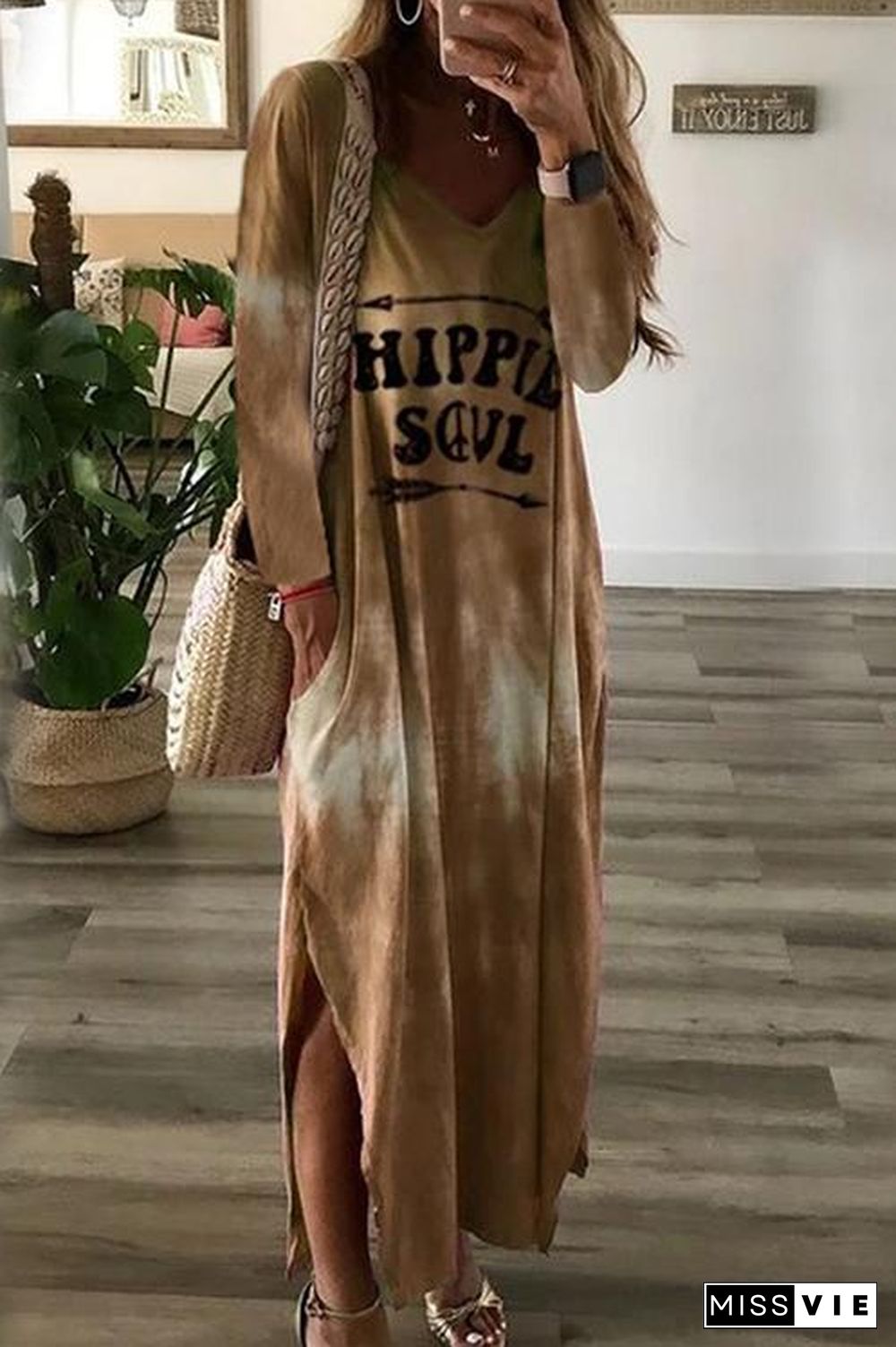 Letter Side Slit Long Sleeve Maxi Dress