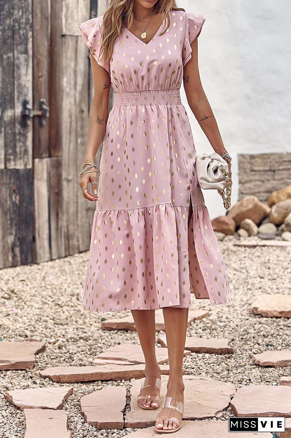 V Neck Foil Spot Print High Waist Midi Dress