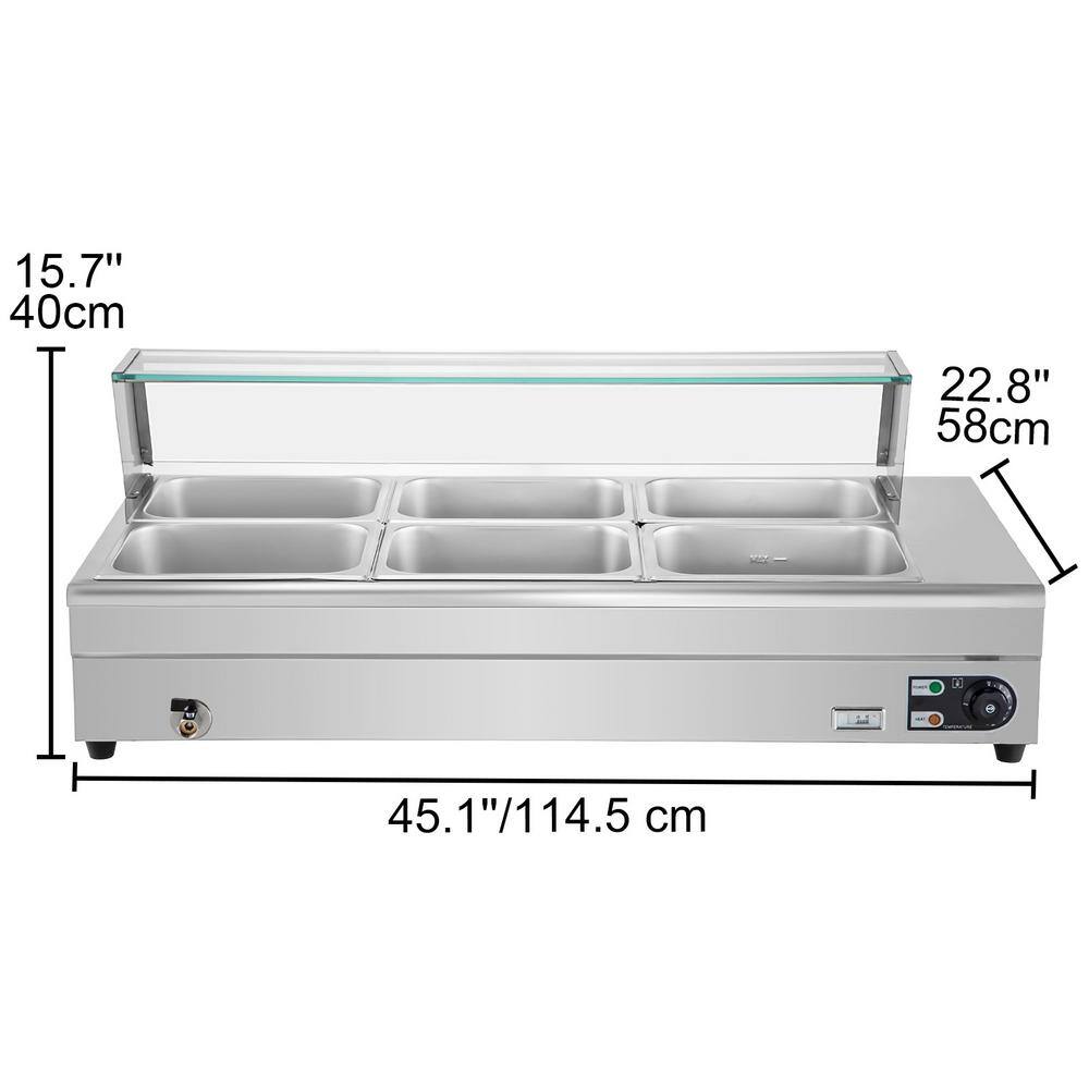 VEVOR 6 Pan x 12 GN Stainelss Steel Commercial Food Steam Table 6 in. Deep 1500-Watt Electric Countertop Food Warmer 66 Qt. BLZBWTC6PB2600001V1