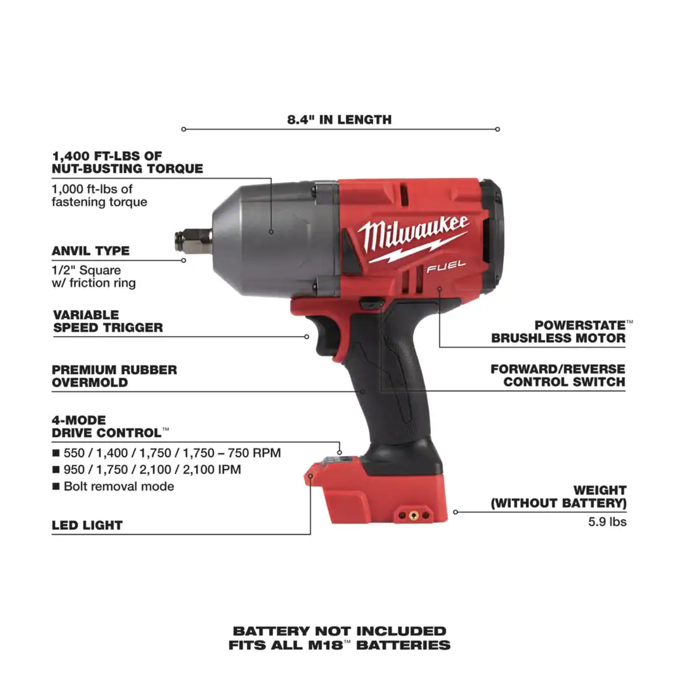 Milwaukee M18 Fuel 18V Lithium-Ion Brushless Cordless 1/2 In. Impact Wrench With Friction Ring (Tool-Only)