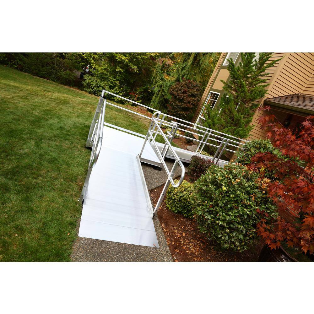 EZ-ACCESS PATHWAY 20 ft. L-Shaped Aluminum Wheelchair Ramp Kit with Solid Surface Tread 2-Line Handrails and 5 ft. Turn Platform PS20L55T