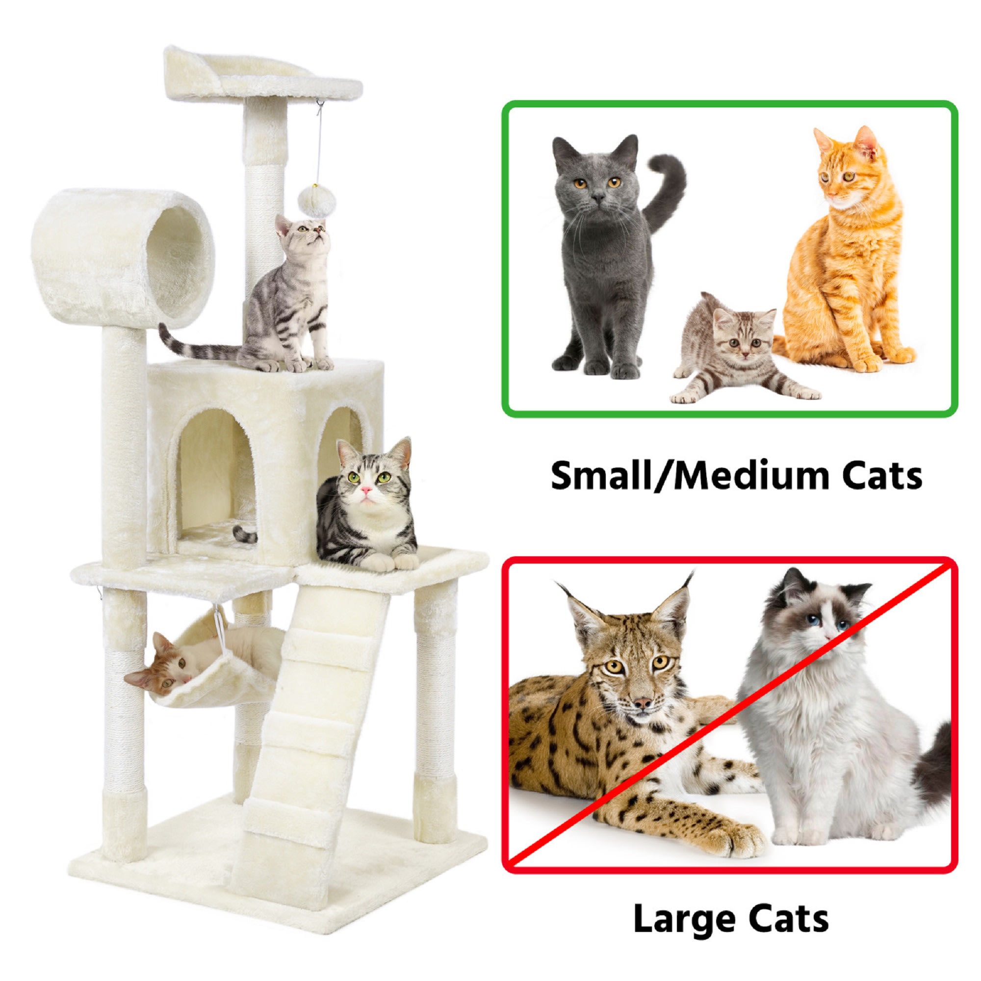 Topeakmart Beige Plush Cat Tree Condo with Hammock Tunnel， 51