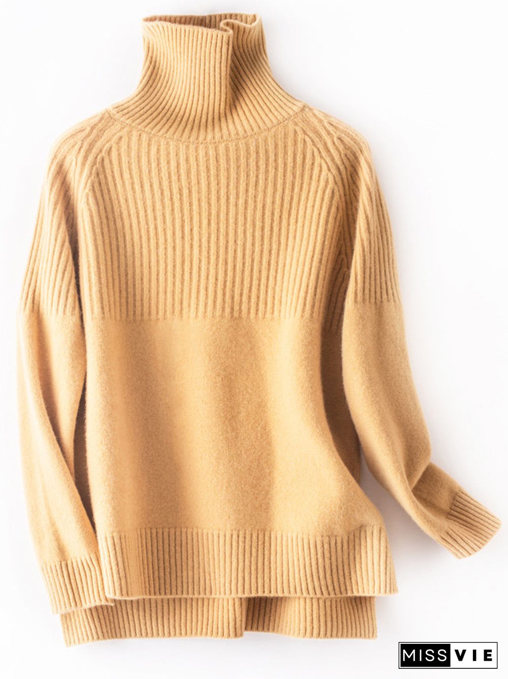 Casual Long Sleeves Loose Solid Color High-Neck Sweater Tops