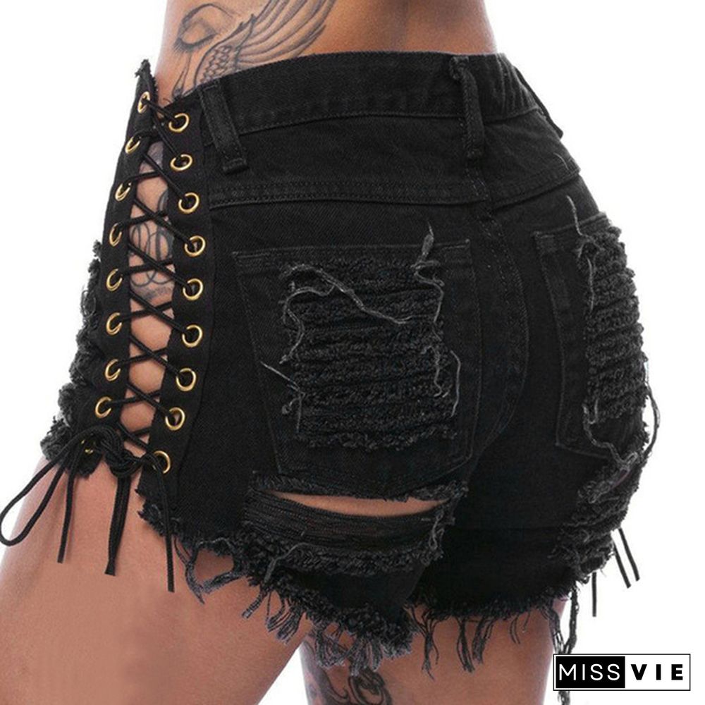 Women Elastic Destroyed Hole Sexy Bandage Hot Pants Short Pants Denim Shorts Ripped Jeans