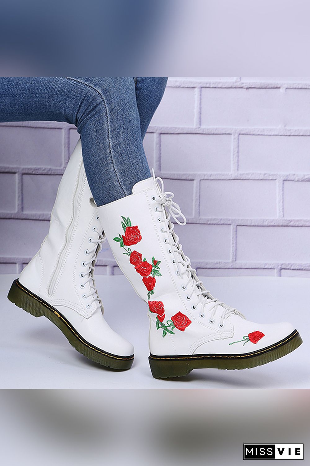 Rose Embroidered Flat Zipper Mid Boots Women Wholesale