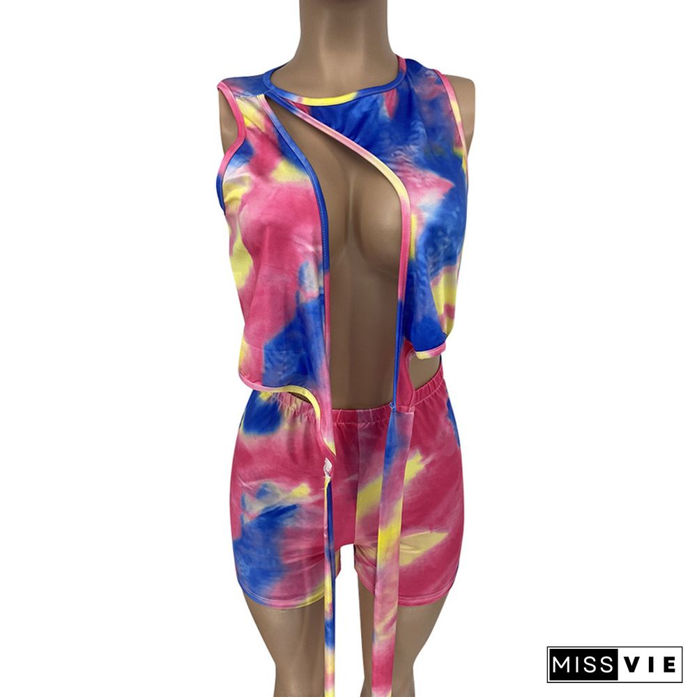 Tie Dye Printed Bandage Sleeveless Hole Cut Out Slim Rompers