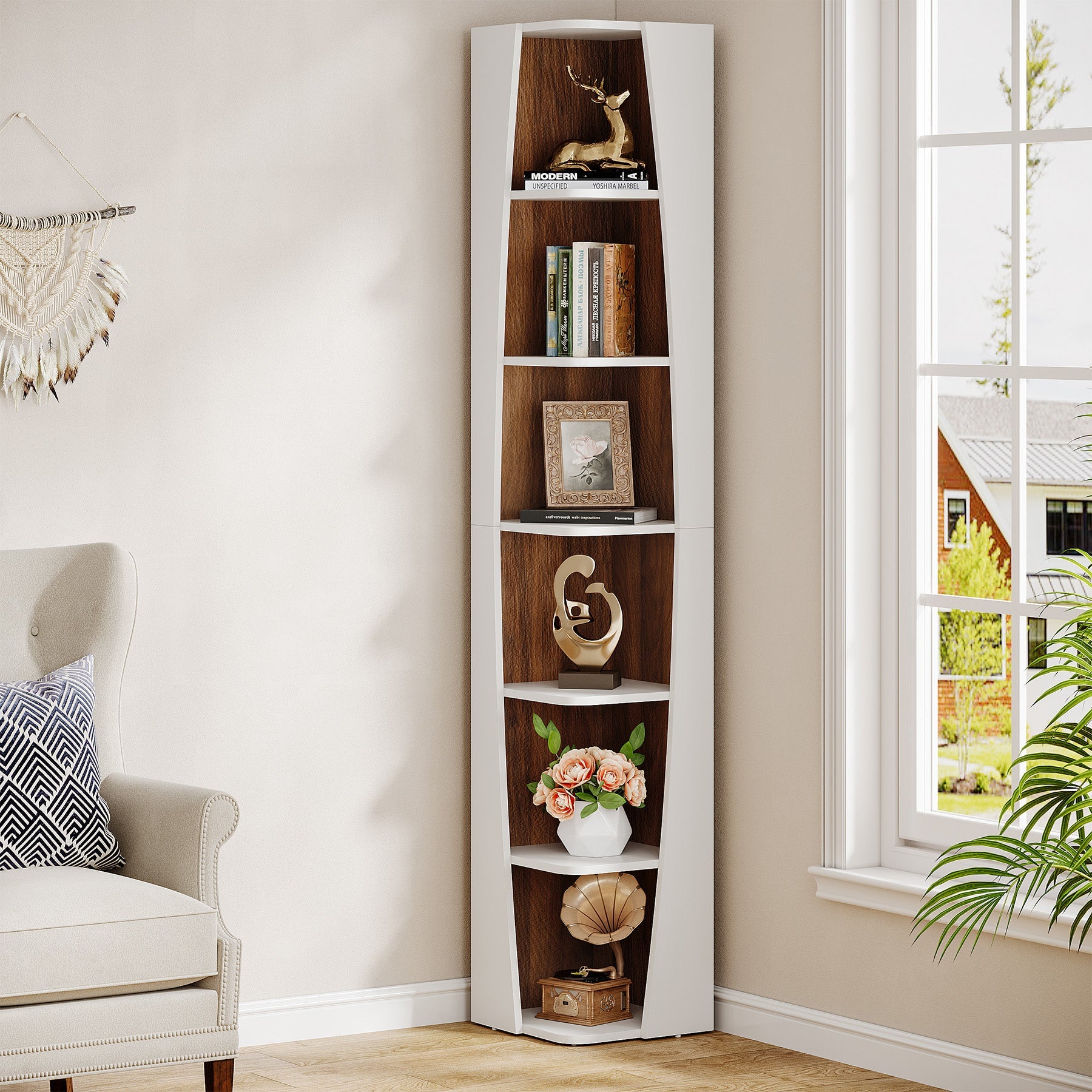 70.9 Corner Bookshelf, 6-Tier Bookcase Display Shelves with Storage