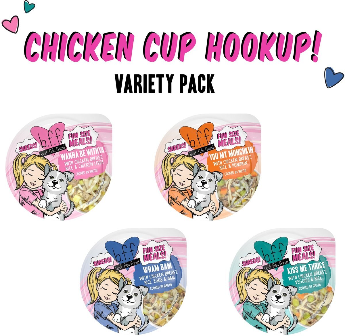 Weruva BFF Fun Size Meals Chicken Cup Hookup Variety Pack Wet Dog Food， 2.75-oz cup， case of 8