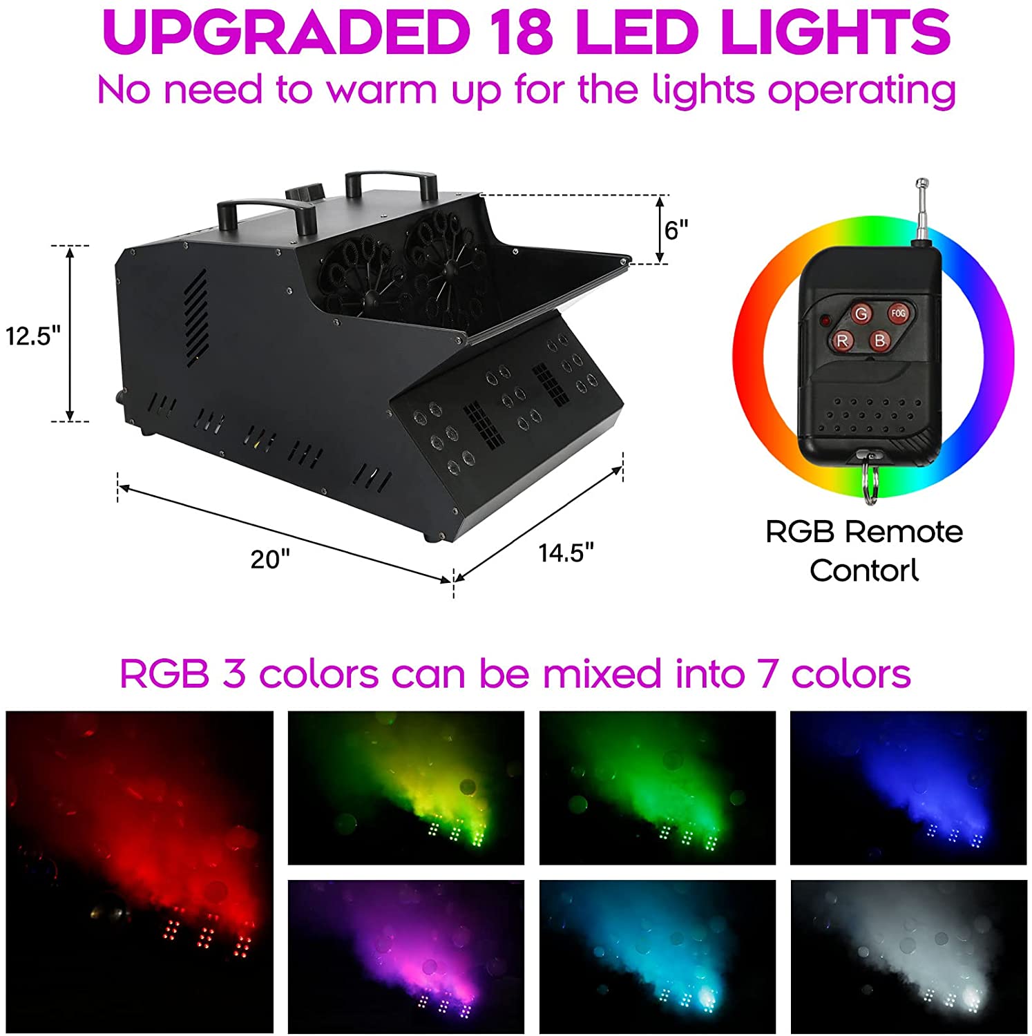 TC-Home 3 IN 1 Stage Fog Bubble Machine with 18 RGB LED light DMX Stage Lighting Fogger Effect w/ 2 Bubble Fans