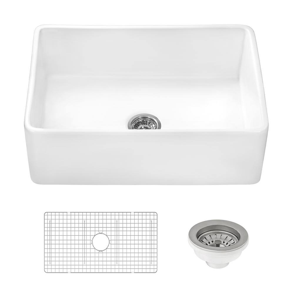 Ruvati Farmhouse Apron-Front Fireclay 33 in. x 20 in. Reversible Single Bowl Kitchen Sink in White RVL2300WH