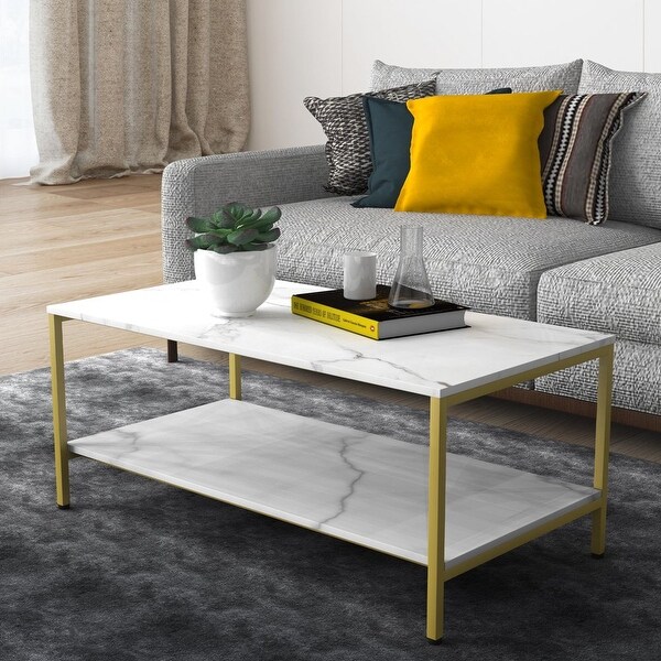 Benton Park Faux Marble Rectangular Coffee Table， Gold Frame