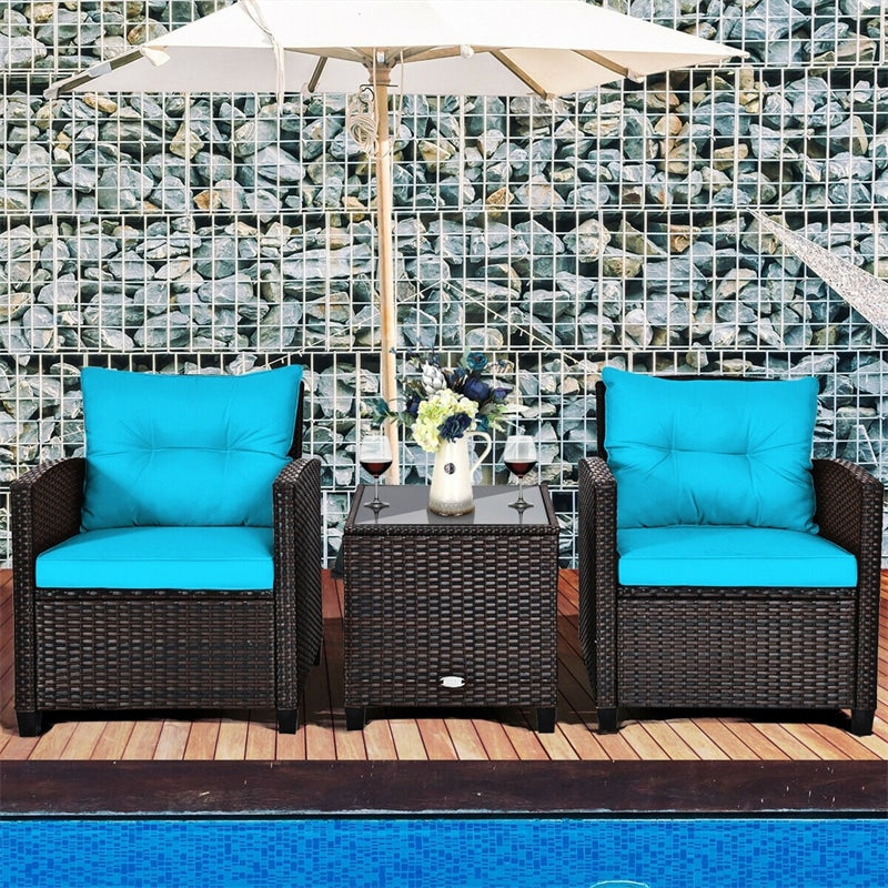 3 Pcs Rattan Patio Conversation Set Outdoor Wicker Sofa Set with Washable Cushions & Coffee Table