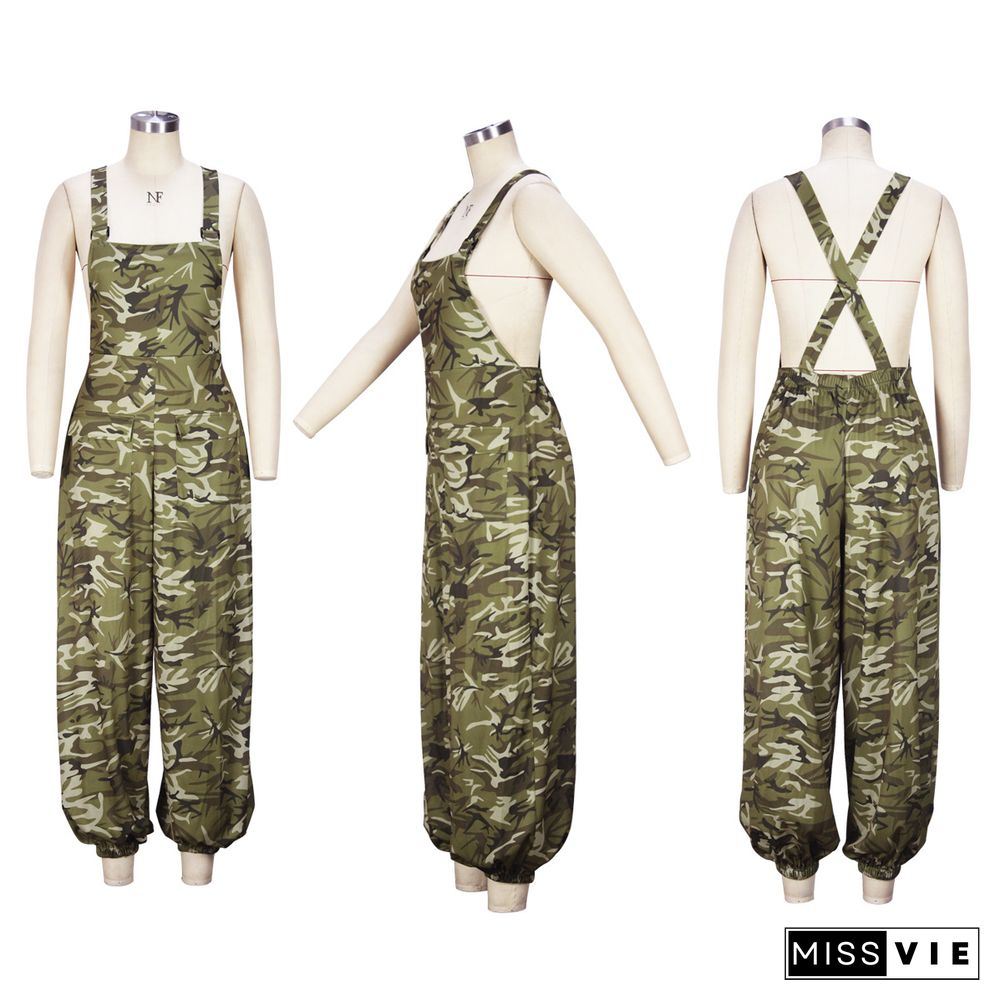 Camo Print Loose Baggy Sleeveless Cargo Jumpsuits