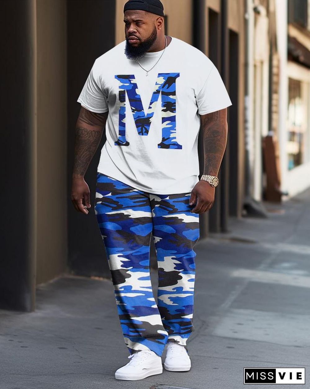 Men's Plus Size M Camouflage Color Matching Casual Street Short-Sleeved Trousers Casual Two-Piece Set