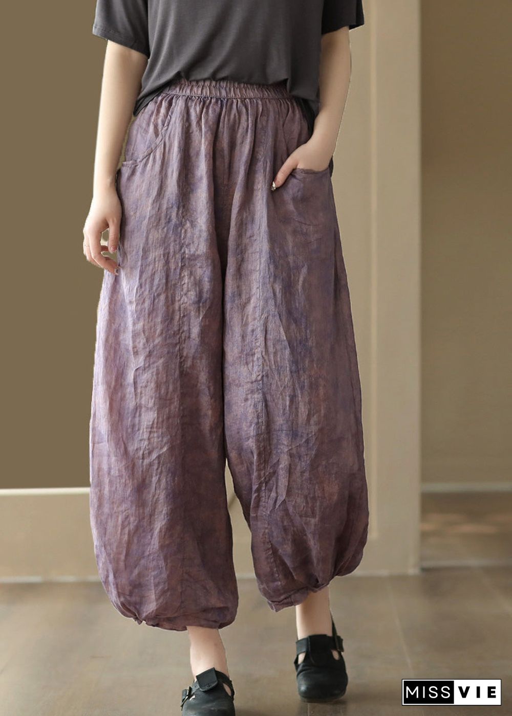 Retro Purple Pockets Print Ramie Crop Pants Summer