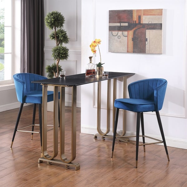 Velvet Upholstered Bar Stool Tufting Tipped Black Metal Leg (Set of 2)