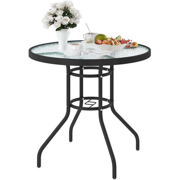 SogesPower Outdoor Round Tempered Glass Table Patio Metal Frame Dining Table with Umbrella Hole, All Weather Outside Table for Garden, 31.5inch Black