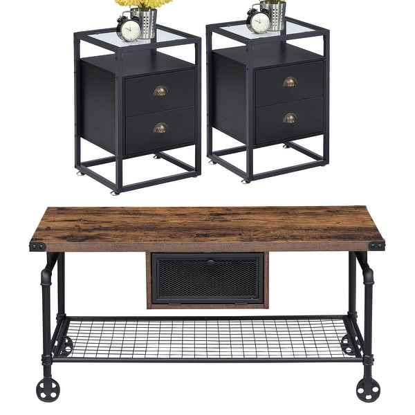 Industrial Coffee Table Set of 3， Rustic Brown Sofa Table and Glass Top Nightstands Set of 2