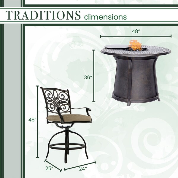 Hanover Traditions 5Piece HighDining Set with 4 Swivel Chairs and a 40，000 BTU Casttop Fire Pit Table