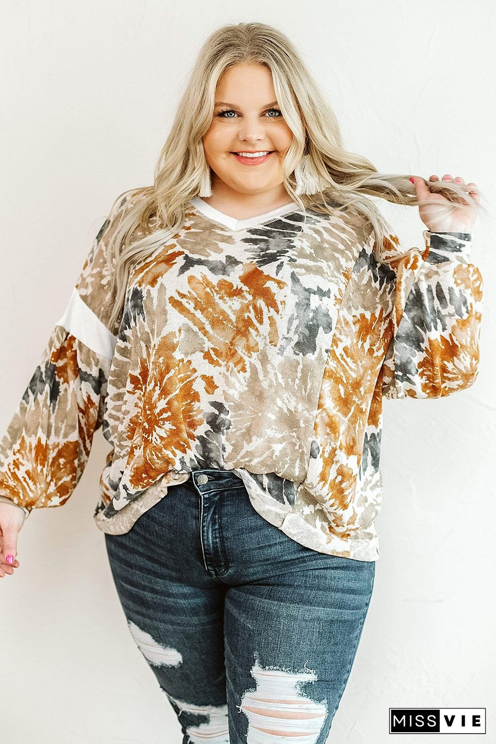 Multicolor Plus Size Tie Dye V Neck Sweatshirt