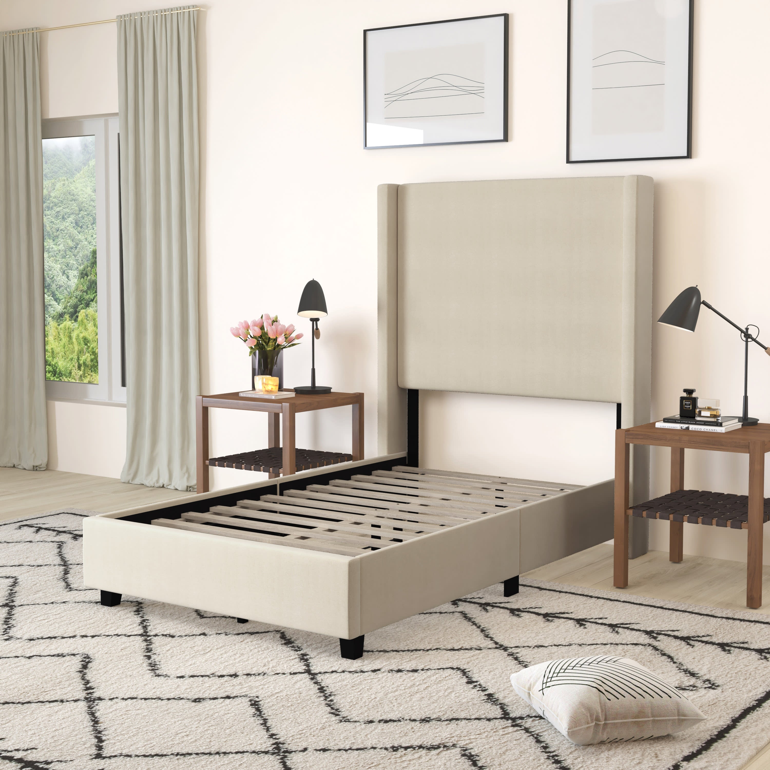 Merrick Lane Modern Twin Size Platform Bed Frame with Padded Faux Linen Upholstered Wingback Headboard and Wood Support Slats in Beige