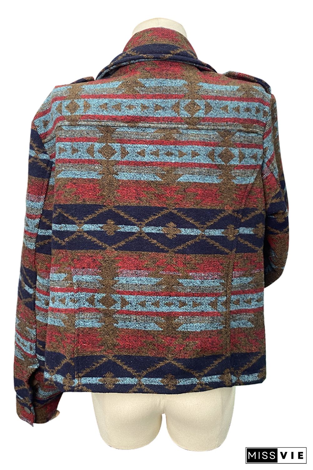 Aztec Print Lapel Pockets Short Jacket Coat