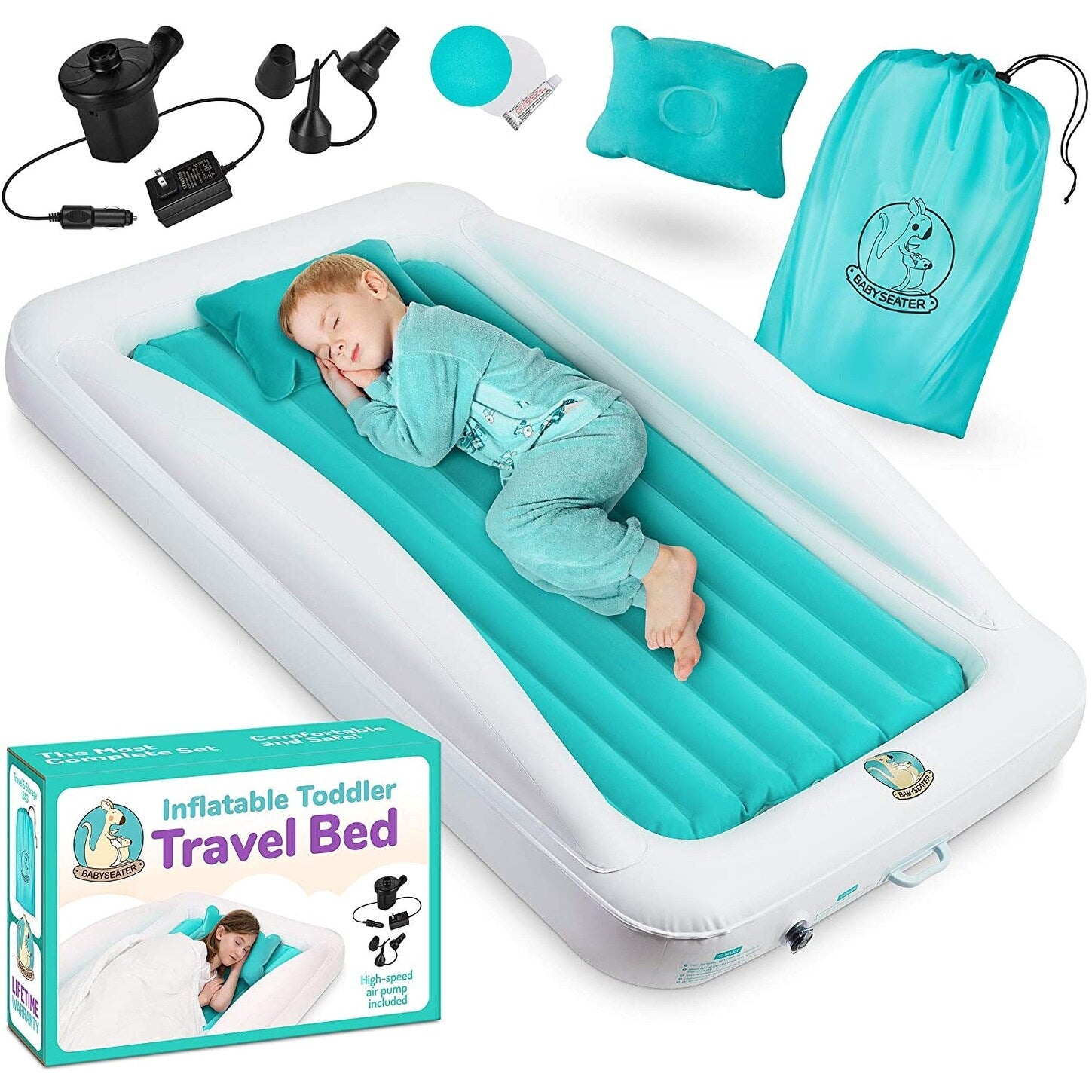 BABYSEATER  Toddler Air Mattress with Sides Includes Air Pump w/ pillow