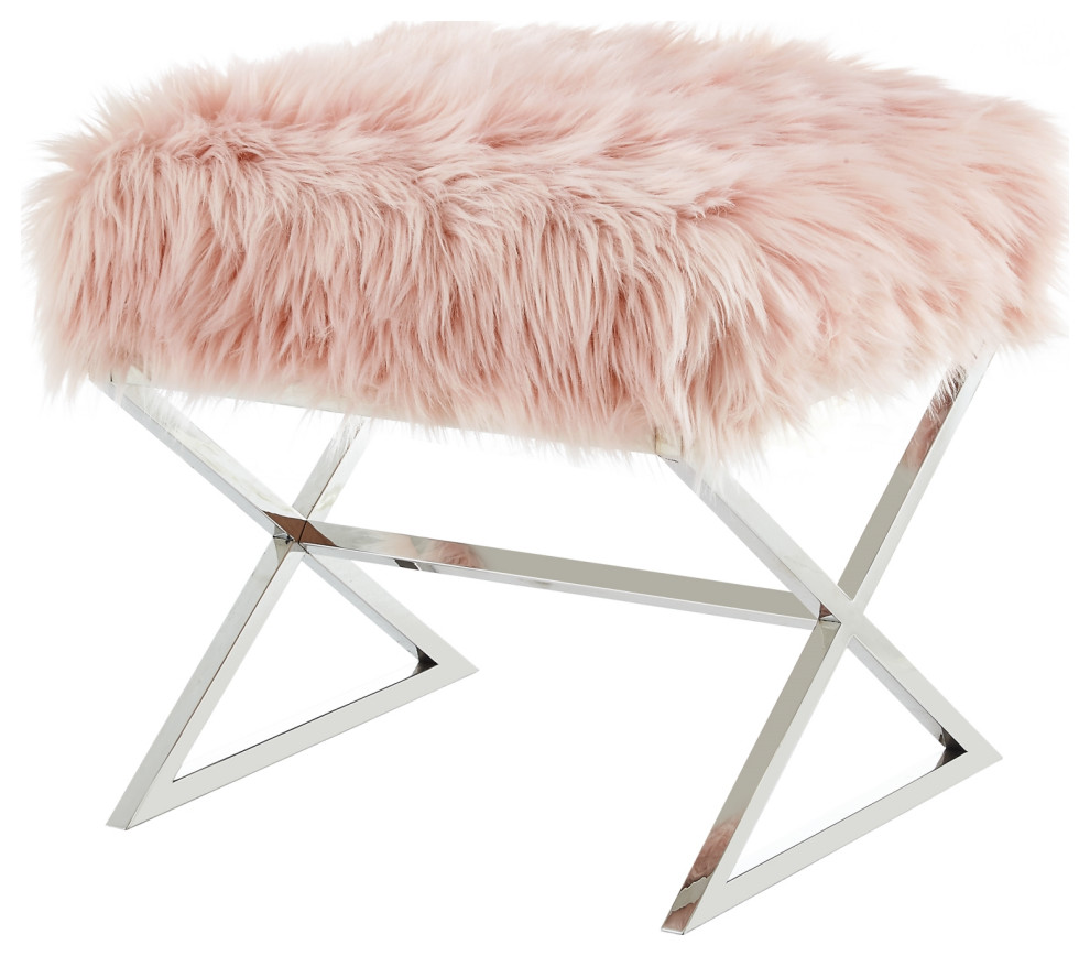 Oria Faux Fur X Leg Chrome or Gold Base Ottoman   Contemporary   Footstools And Ottomans   by Inspired Home  Houzz