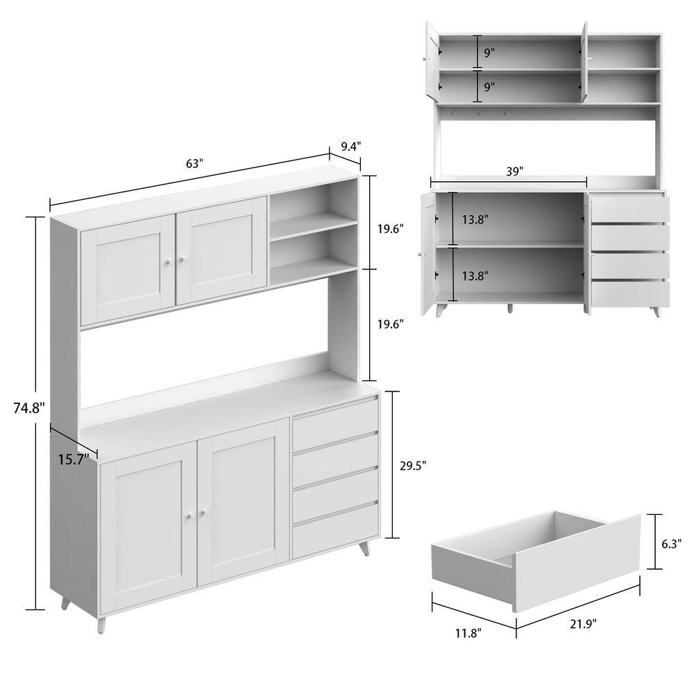 FUFUGAGA Glass Doors Brown Large Pantry Kitchen Cabinet Buffet With Hutch 4-Drawers Hooks 74.8 in. H x 63 in. W x 15.7 in. D KF210128-023-c