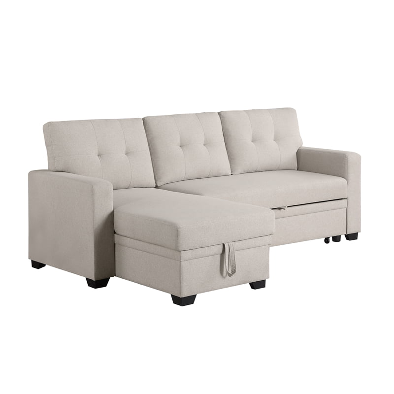 Pemberly Row Polyester Fabric Reversible Sleeper Sectional Sofa in Beige